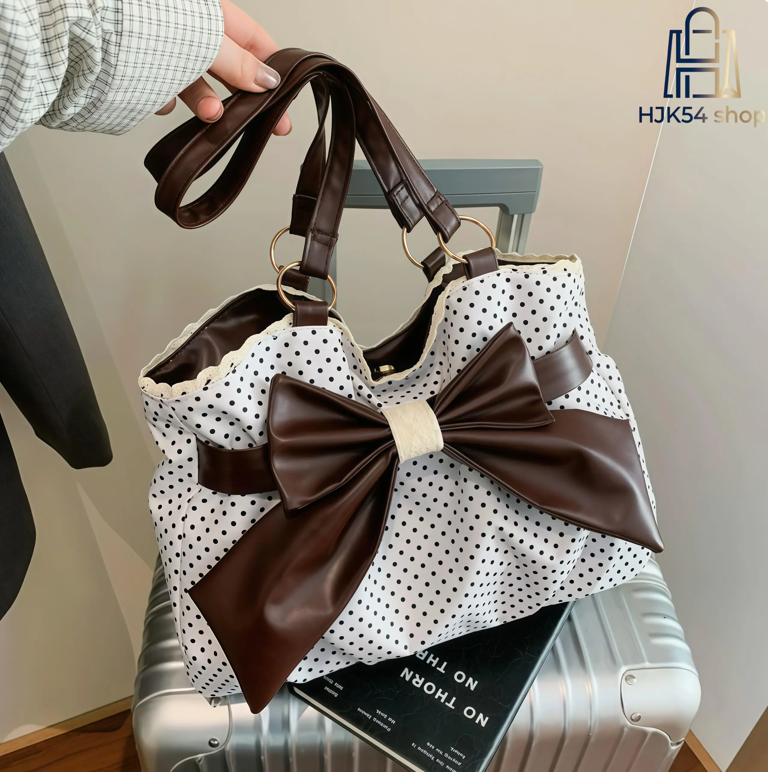 Vintage Polka Dot Large Tote Bag Faux Leather Big Bow Decor Lace Trim Shoulder Handbag Magnetic Snap Soft Fabric Casual Daily Shopping Travel School Ladies Top Handle Purse