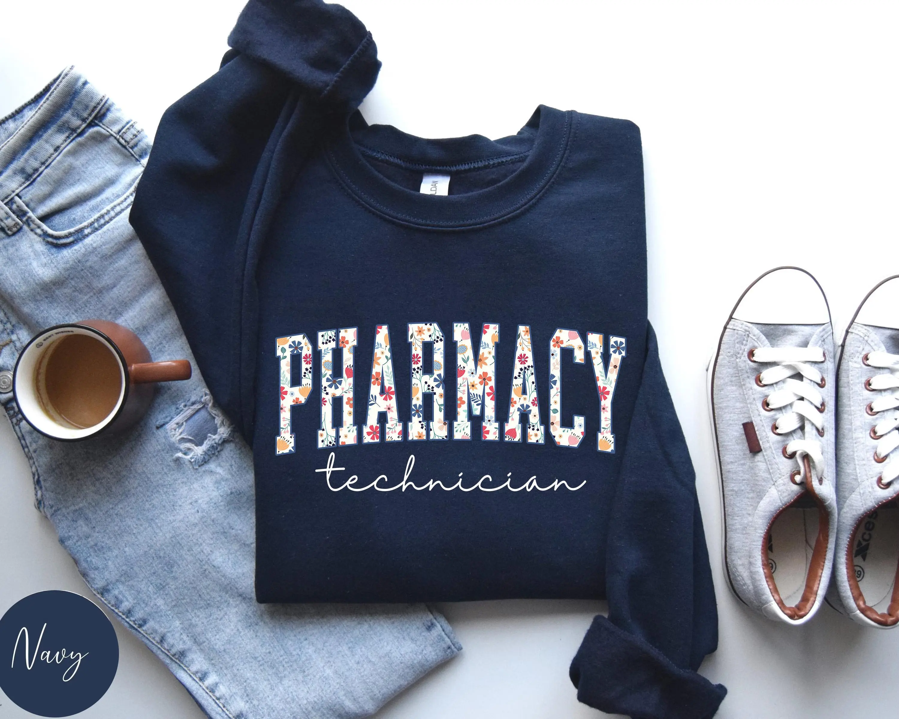 Floral Pharm Tech T-Shirt / Sweatshirt & Hoodie , Wildflowers Pharm Tech TShirt Or sweatshirt, Pharmacy Technician Cotton Bottom Fabric Fit