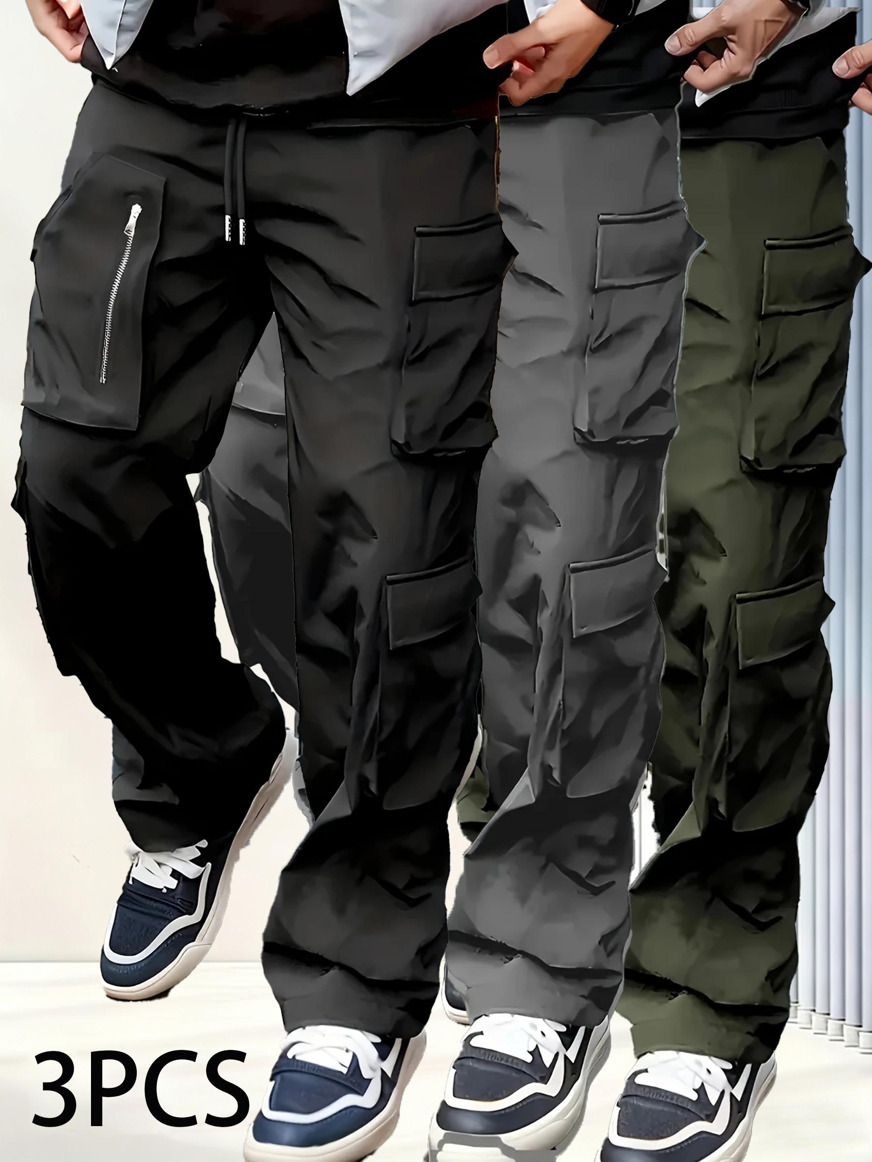 3-Pack Men's Casual Cargo Pants Zipper Detail Multi-Pocket Durable Work Trousers