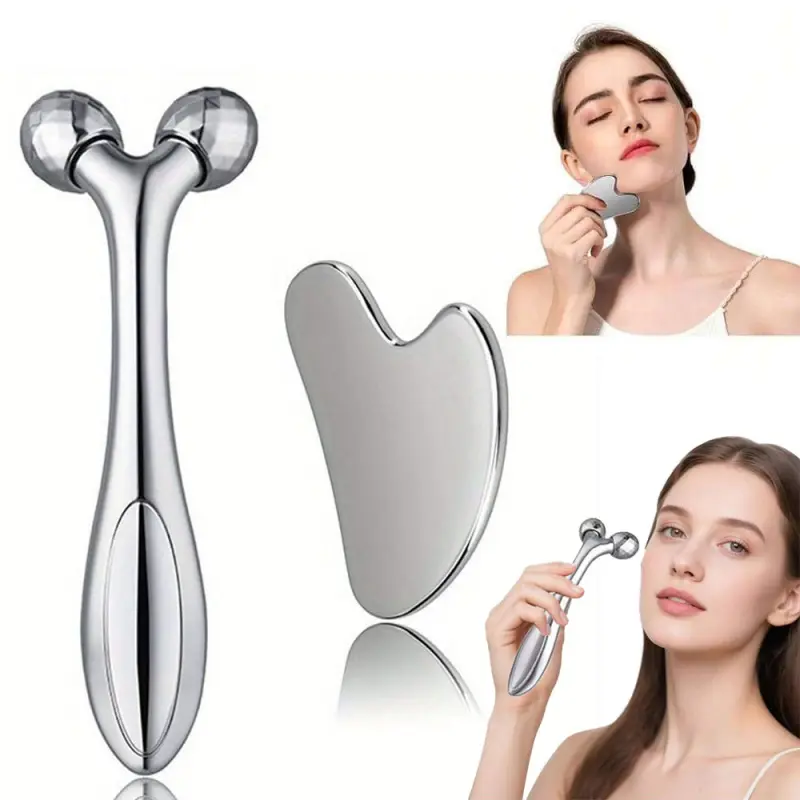 2 Pack Face Body Roller Massager 3D Y Shape Facial Lifting Tool Tightening Double Chin Reducer Beauty Device Facial Roller Set for Face and Body Facial Beauty Machine Facial Care Instrument Facial Tools Silver