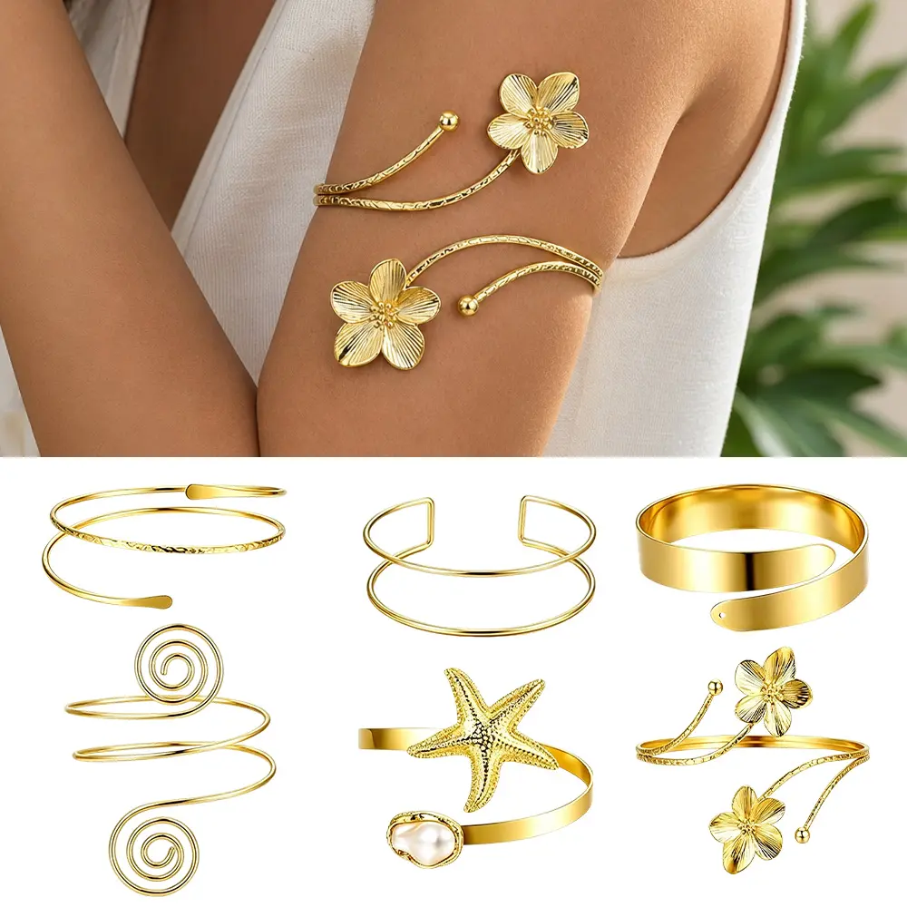 Women's 6PCS Gold Adjustable Fit Bangle Bracelets Set - Boho Statement Upper Arm Cuff Band Armlet, Stacking Jewelry with Fashionable Bracelet Style, Women's Costume Fashion Accessories