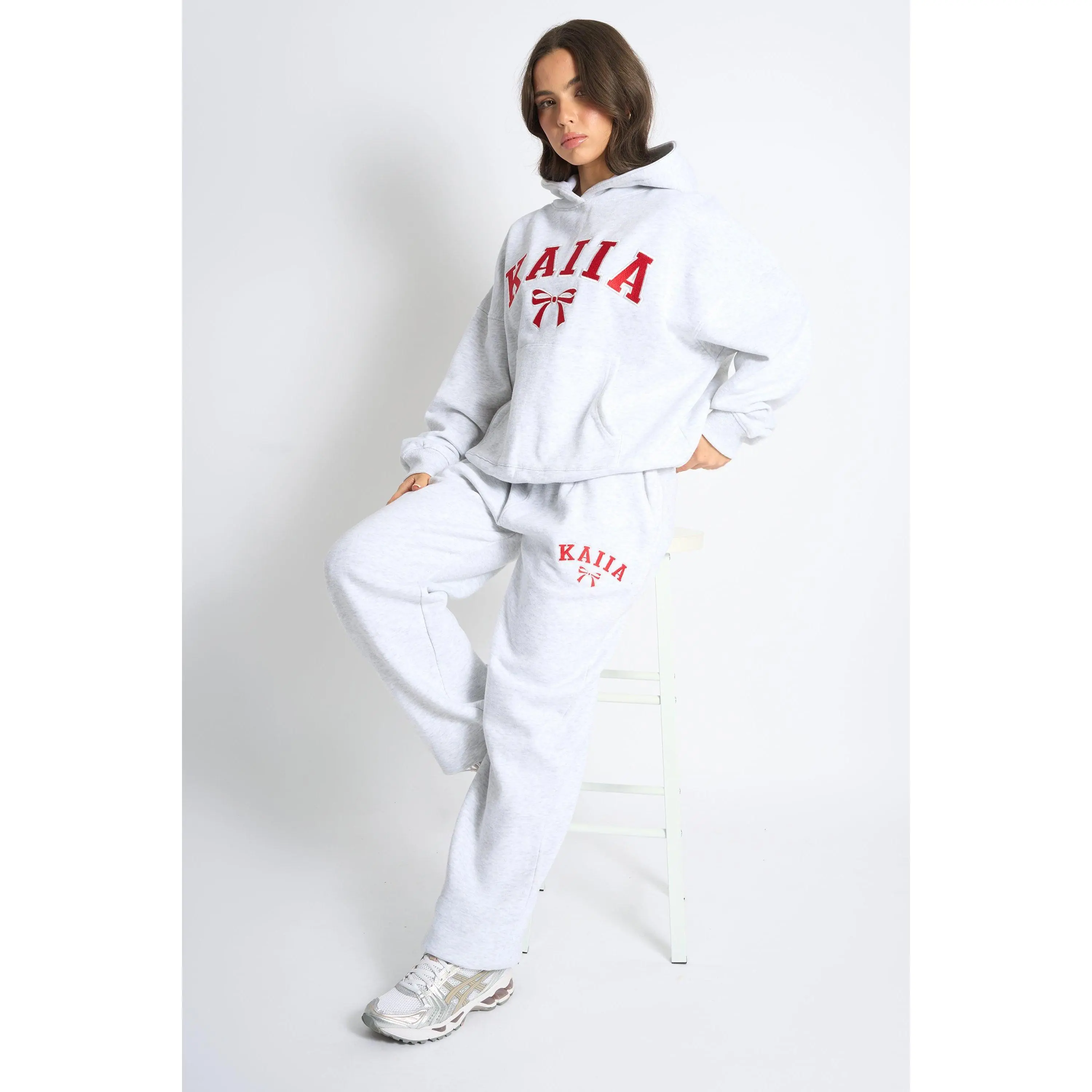 Kaiia Bow Embroidered Ribbed Waistband Wide Leg Joggers Light Grey Marl & Red