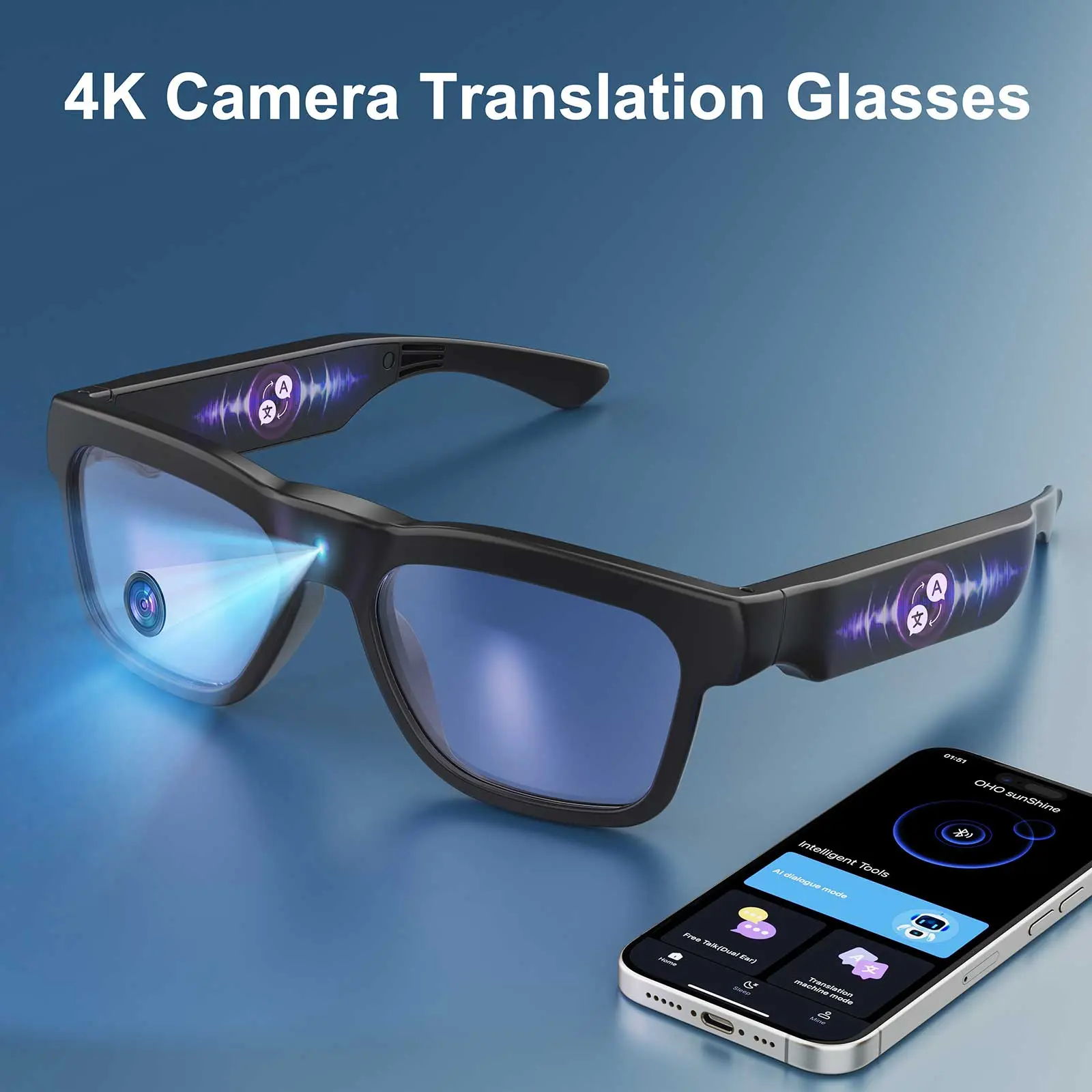 OhO Sunshine Edge Pro 4K Camera & AI Real-Time Translator & Bluetooth Hands-Free Recording Glasses fathersdaygift，camping essentials，father's day gifts