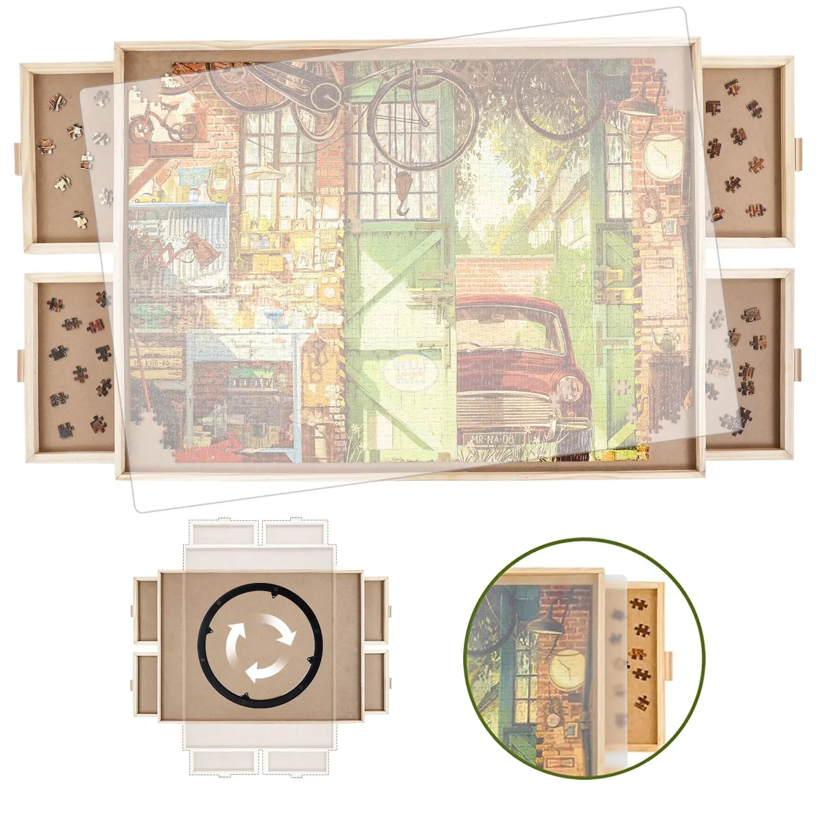 All4jig 1000/1500/2000 Piece Rotating Wooden Puzzle Board with Drawers and Cover, 26"x35"Portable Wooden Jigsaw Puzzle Table for Adults and Mother’s Day Gift Portable, Lazy Susan Spinning Puzzle Boards
