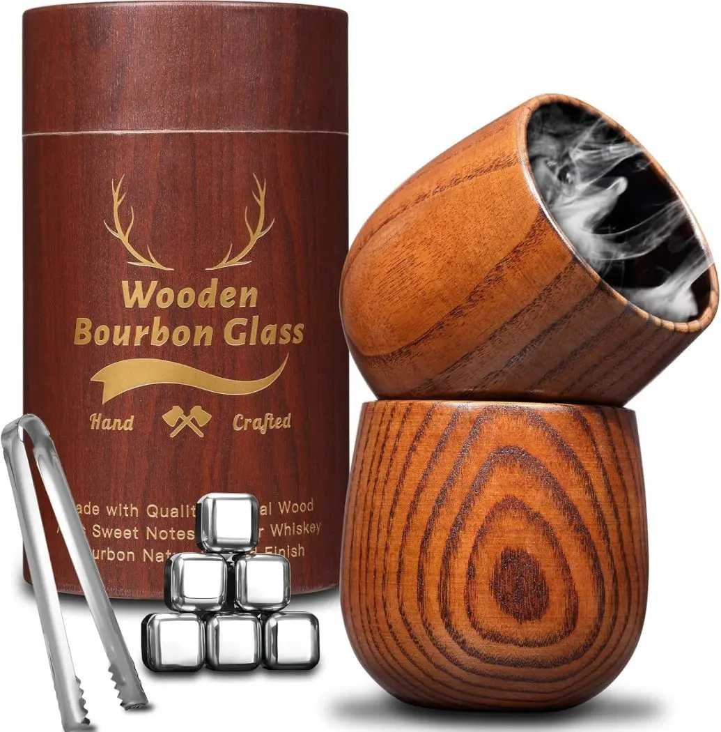 Father's Day gifts    2PCS Charred Wooden Whiskey Glass – Handcrafted Solid Wood Tumbler for Men | Unique Whiskey Gifts | Natural Grain, Flame-Finished Bourbon Glass,Fathers Gifts For Dad，Him，Husband