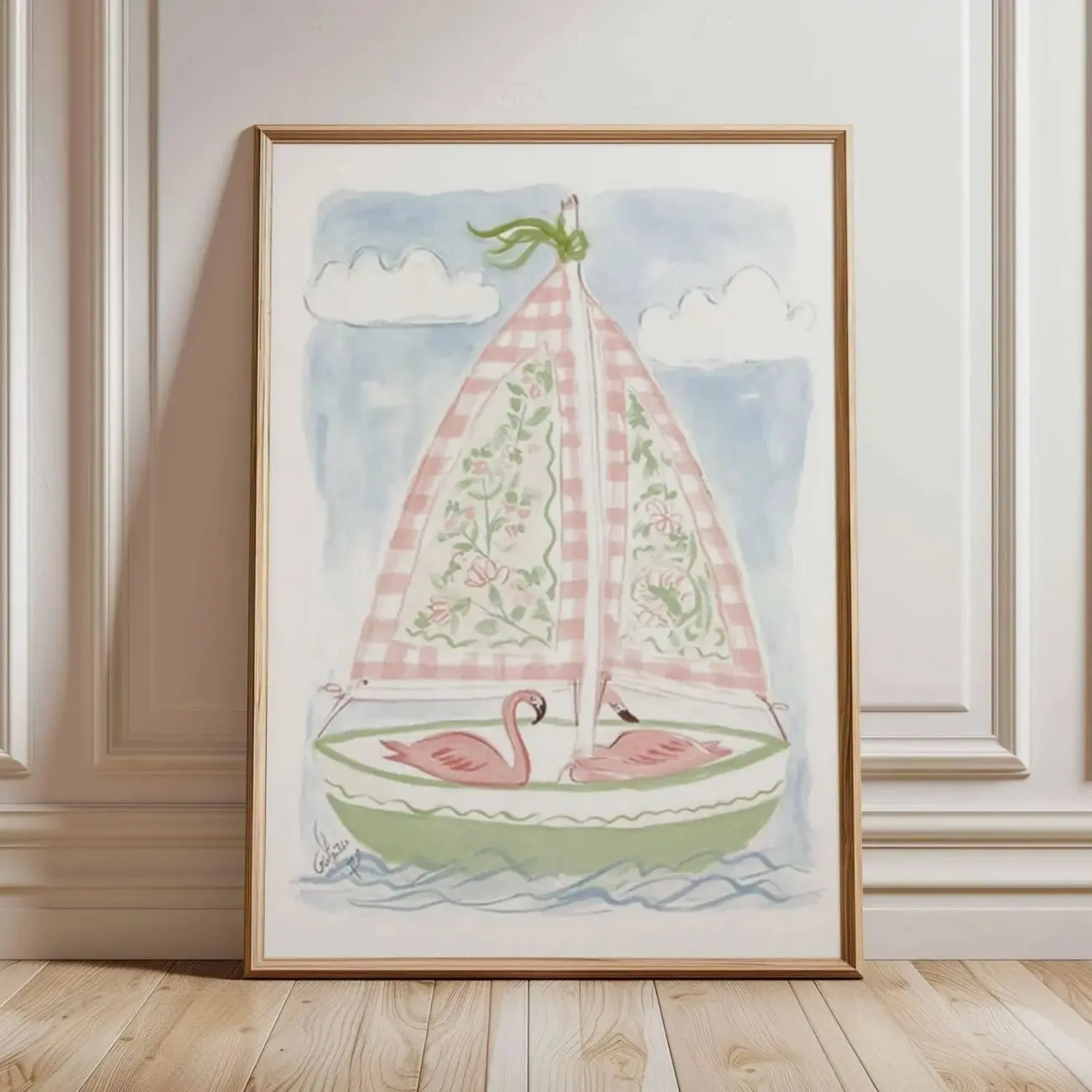 Cute Watercolor Flamingo Sailboat Wall Art | Pink Gingham Coastal Nursery Decor | Nautical Animal Poster | Framless Poster Z