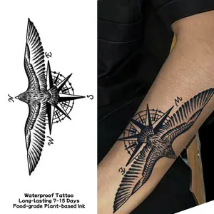 Nautical Compass Eagle Juice Temporary Tattoo Sticker Magic Tattoo Waterproof Long-Lasting 7-15 Days Herbal Semi-Permanent Tattoo for Women Arm Collarbone Realistic Tattoo Fake Tattoo Line Tattoo