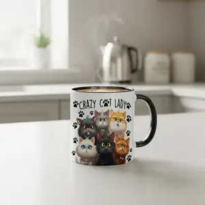 Cute Cat Pattern Coffee Mug, 11oz Ceramic Coffee Mug with Handle, Funny Accent Mug, Fun Drinking Utensils and Home Decor Items for Cat Lovers, Drinkware