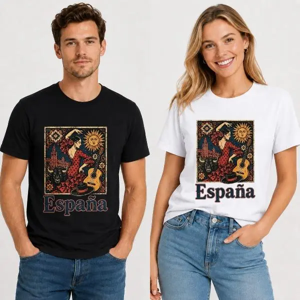 CARPESUN Women's Short-Sleeve Round-Neck Cotton Top - Soft Vintage Retro Style, Spanish Flamenco Dancer & Guitar Graphic Print, Casual Unisex Single Pack T-Shirt, Shortsleeve