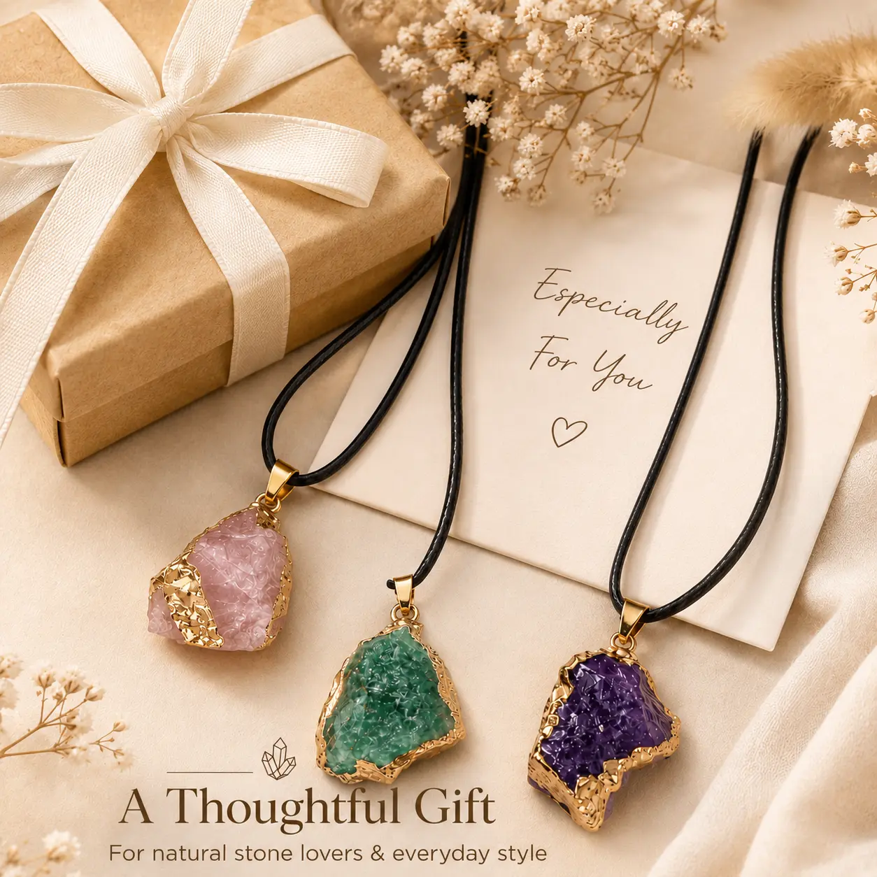 Natural Stone Pendant Necklace for Women, Raw Stone Necklace with Adjustable Black Cord, Gold-Tone Trim, Boho Jewelry Gift for Her, 7 Stone Options: Amethyst, Rose Quartz, Citrine, Clear Quartz, Aventurine, Fluorite