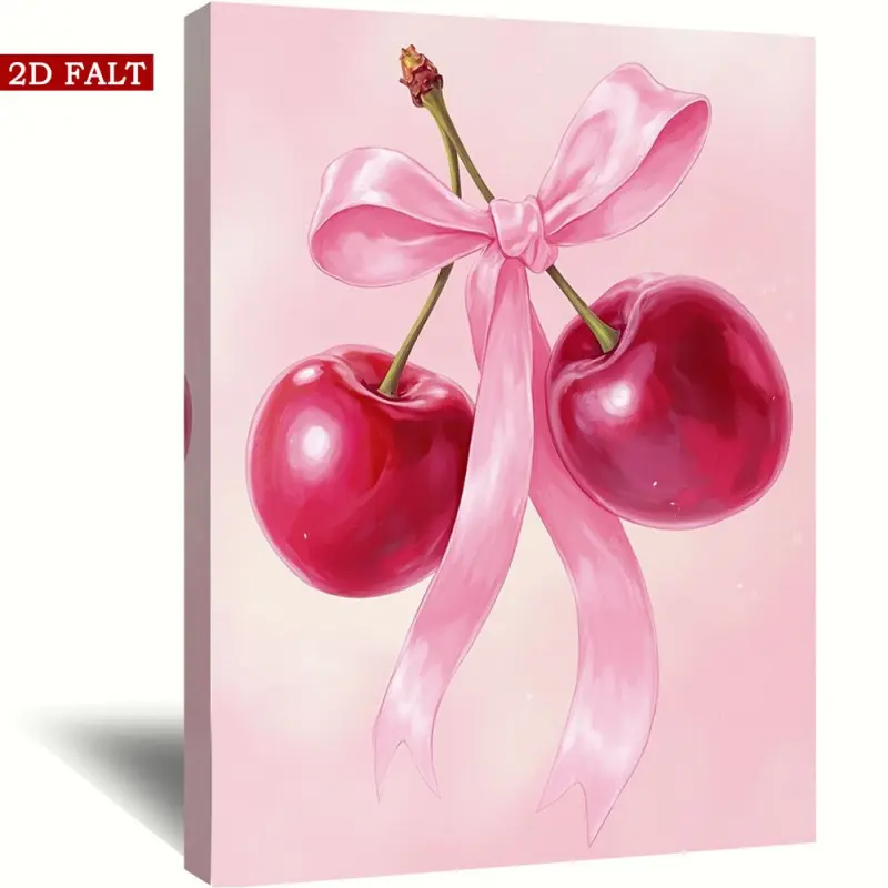 1 Piece Solid Cherry and Pink Ribbon Wall Art - Waterproof 2D Flat Print Wrapped Canvas Poster, Bright Red Cherry on Soft Pink Background, Ready-to-Hang Home Decoration Suitable for Bathroom, Living Room, Valentine's Day and Housewarming Gifts,,Santa Artw