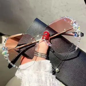 Women's Rimless Rhinestone Sunglasses, UV Protection Gradient Shades, Bling Crystal Trimmed Fashion Eyewear, Slim Face Design for Parties, Street Style & Vacations
