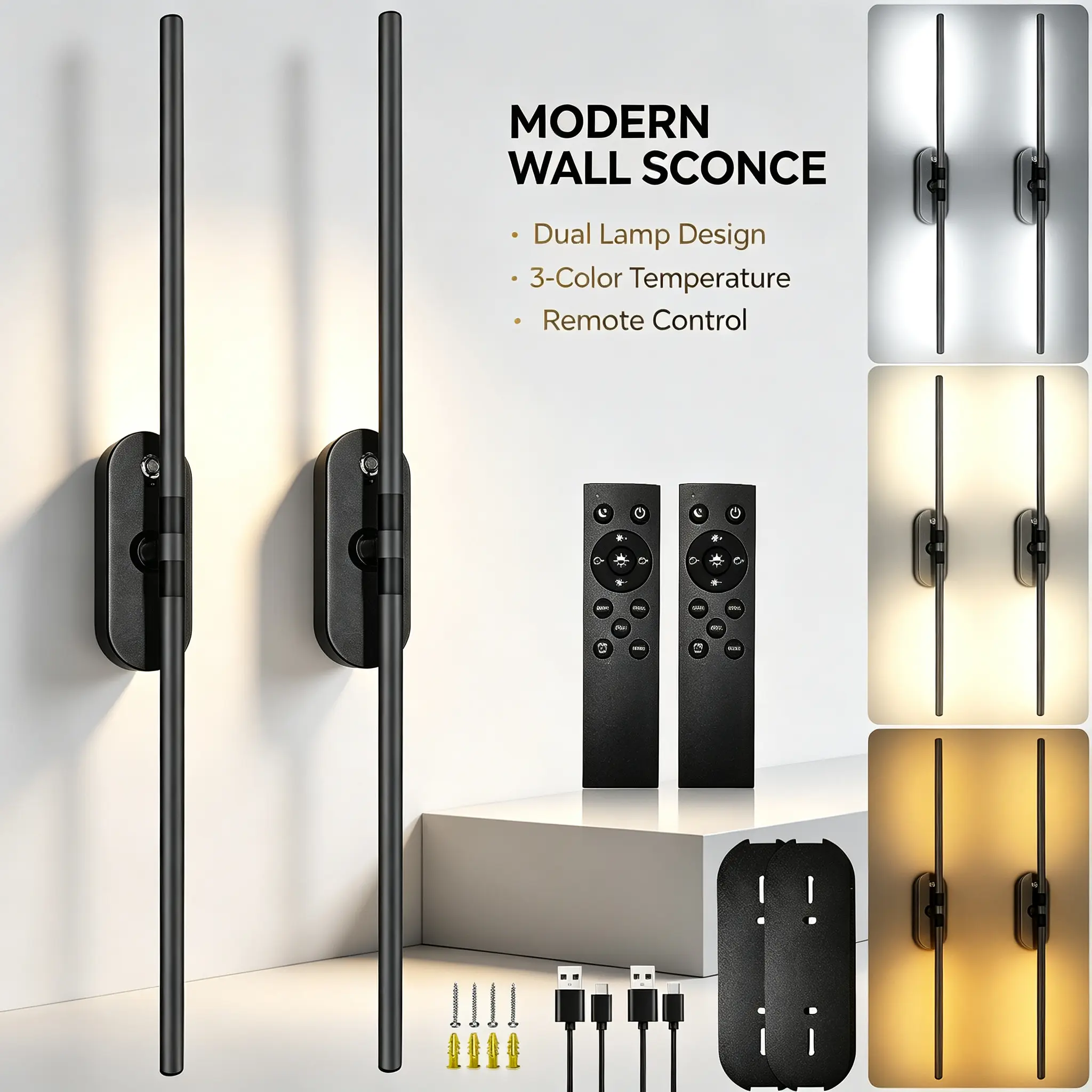 Black Rechargeable Wall Sconces (Set of 2, 31.5in) - 10000mAh Battery-Operated Wall Lamps with Remote Control, 3000K-6000K 360° Rotating Wireless Lighting for Bedroom, Living Room