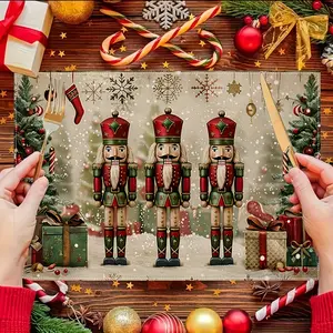 2D flat printing, 2-piece/4-piece/6-piece/8-piece Christmas Nutcracker placemats, featuring Nutcracker soldiers, Christmas trees, gifts, and other holiday elements, measuring 12 x 18 inches, suitable for restaurants, kitchens, and various occasions