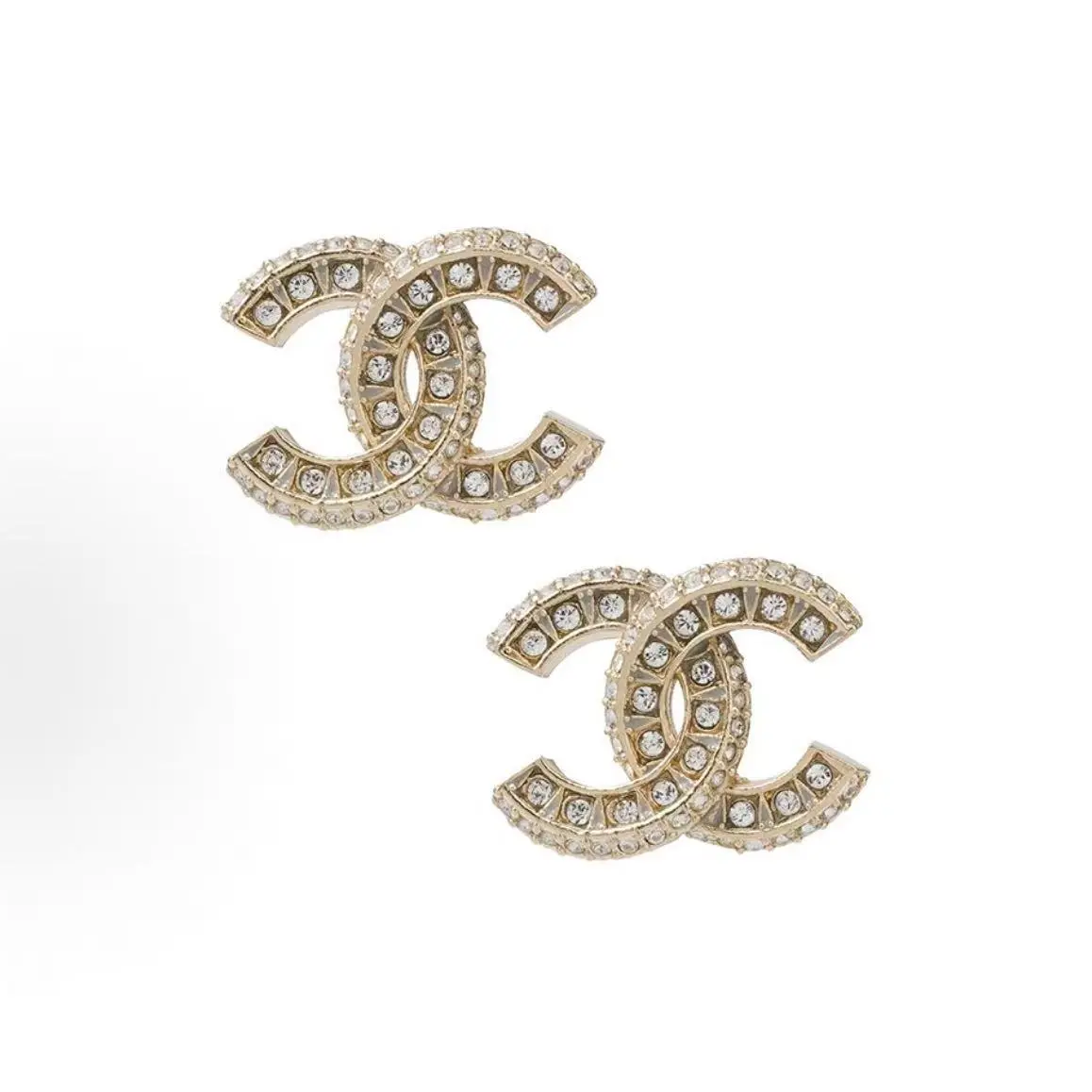 Pre-owned Brand New,CHANEL Gold Tone Full Crystal Double C Logo Stud Earrings