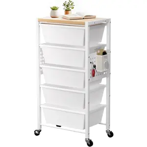 Rolling Cart with 5 Drawers, Drawer Carts with Wheels & Wooden Tabletop, Cart with Pegboards, Office Living Room Classroom Craft Organization and, Bright White