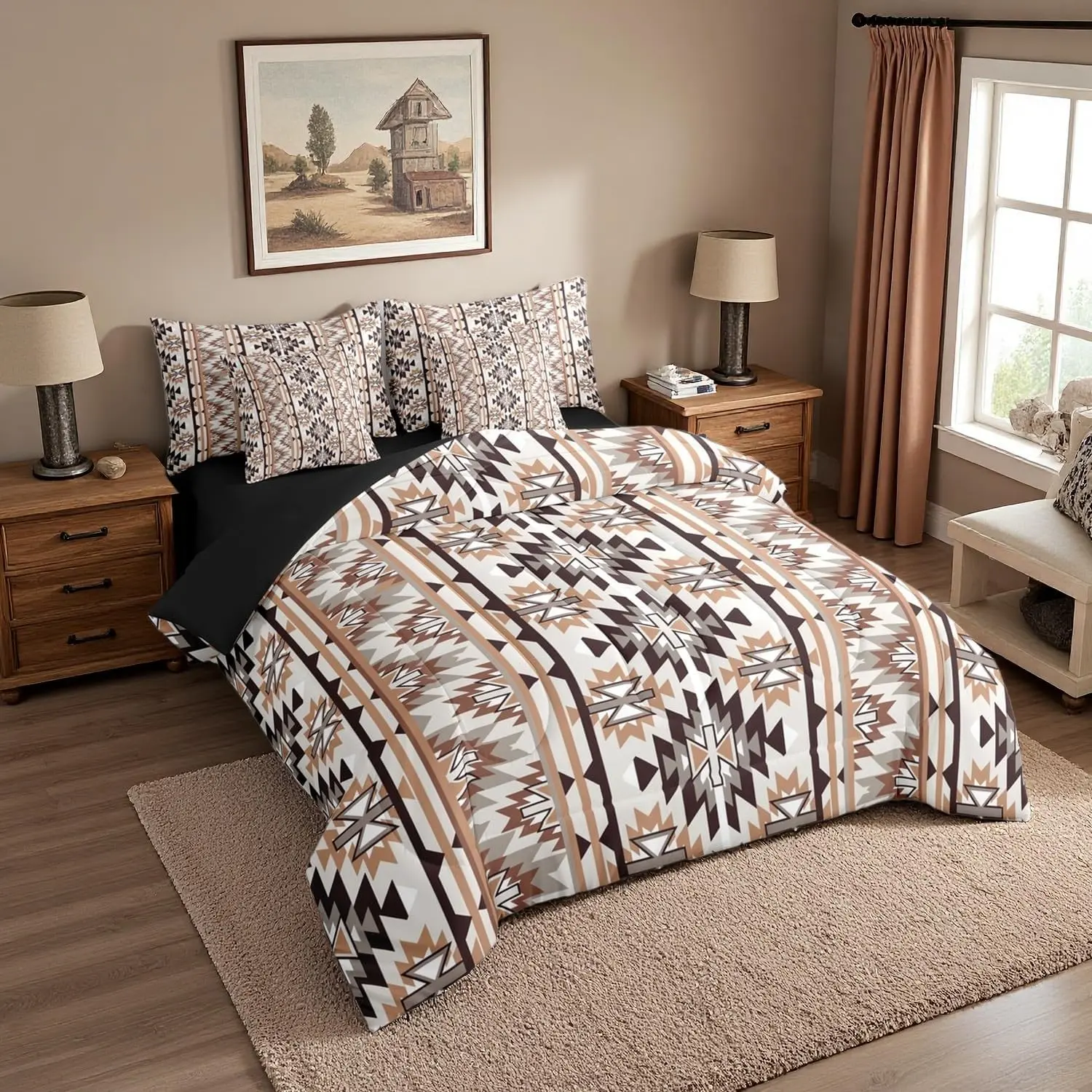 Feelyou 7-Piece Rustic Western Comforter Set with Sheets - Southwestern Aztec Vintage Tribal Bohemian Geometric Decorative Microfiber Soft Complete Bedset with In-a-Bag Convenience, Bed Sheet Sets, Bedroom Bedding Set