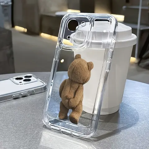 Clear Full Coverage Cartoon Teddy Bear Back TPU Protective Phone Case for iPhone 17 Pro Max Plus / 15/14/13/12/11/16Pro/15Plus/16Pro Max Case Protector Screen Protector Protection Shockproof Casing Smartphone