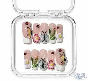 GakuNails SECRET GARDEN 10-Piece Long Square Handmade Press-On Nails - Blue Teal, 3D Flowers, Butterflies, Ladybugs, Gel Builder, Elegant Reusable Eco-Friendly Multi-Pack with Nail Inspo