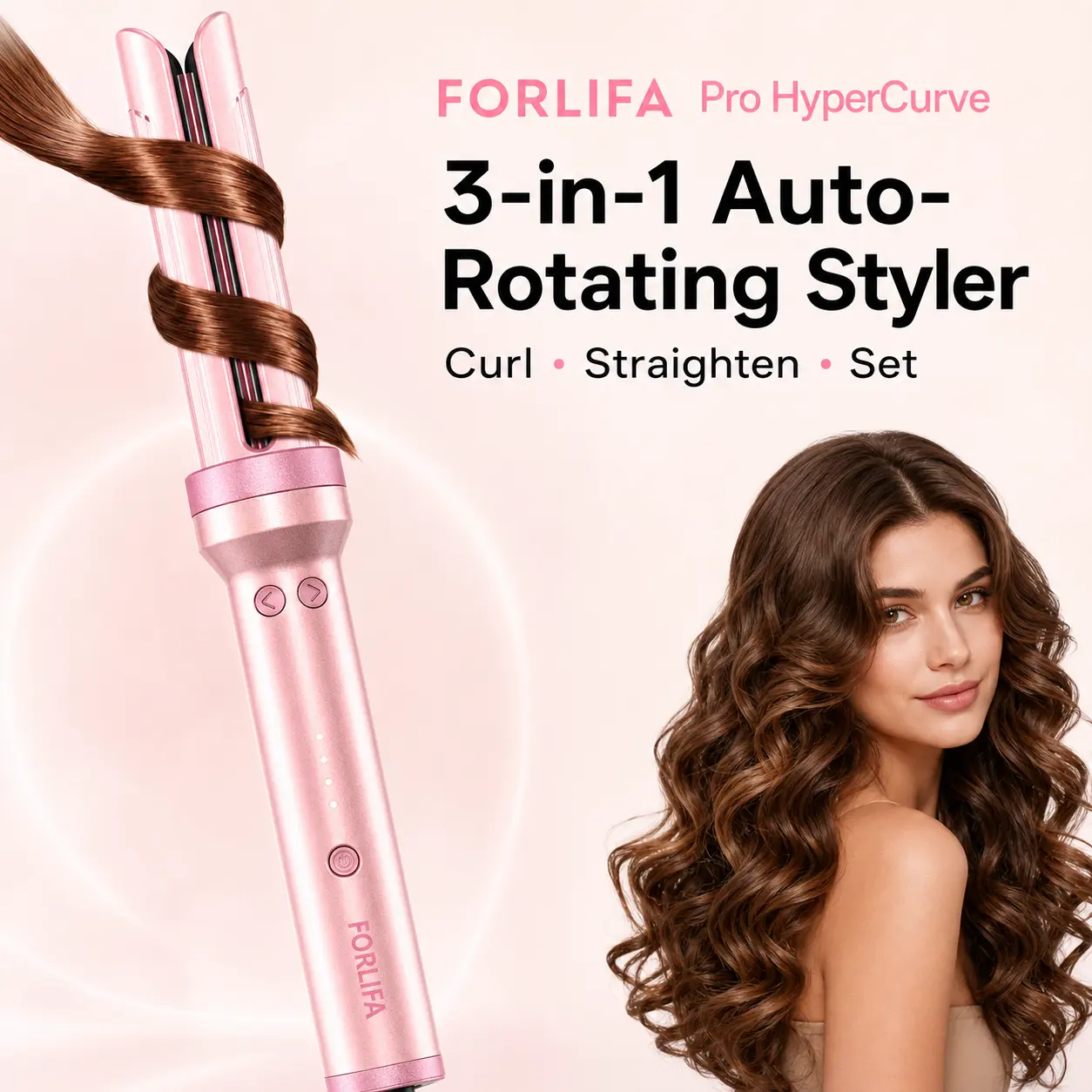 FORLIFA Pro HyperCurve Auto Rotating Airflow Curling Iron - 3-in-1 Curlers & Straighteners with Ionic Cooling Airflow, 1-Inch Barrel for Bouncy Styles