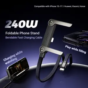 240w Foldable Phone Stand Fast Charging Cable, Compatible with iPhone 15-17/iPad/Samsung, Bendable Data Cable for Charging While Using, Desk Organizer, Handsfree Charging, Spacesaving Accessory, Flexible Holder, Premium Build, Reinforced Connector