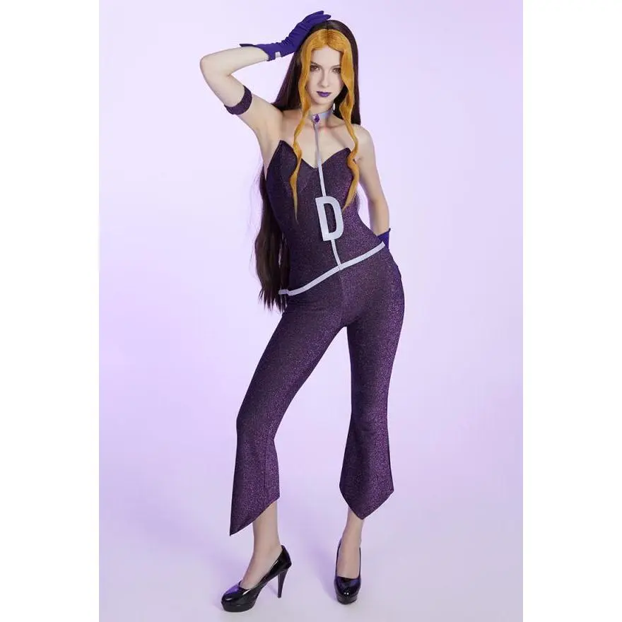 micotaku Officially Licensed Winx Club Darcy Cartoon Character Fantasy Costume for Women - Dark Purple Sleeveless Polyester Bodysuit with Belt, Capri Pants, Jeweled Choker & Accessories