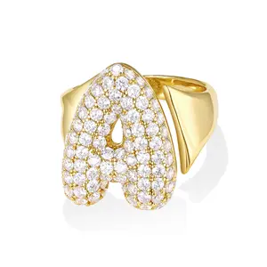 KISSYAN Bubble Initial Ring for Women, 14k Gold Plate Balloon Jumbo Letter Rings Open Adjustable Dainty Pave CZ Personalized Fashion Trendy Statement Jewelry Gift
