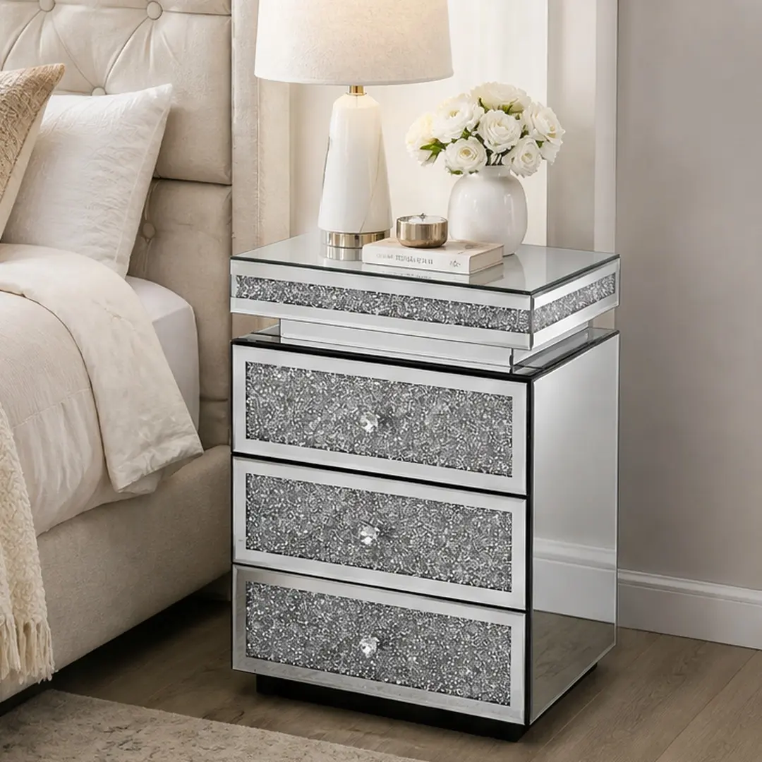 ARCH Mirrored Nightstand with 3 Drawers Silver Crystal Inlay Bedside Table Modern End Table for Bedroom Living Room MDF Glass Nightstand 13.8x17.7x23.6 Inch Single Nightstand, Silver Color Options, MDF/Mirror Material, American Design Style