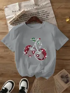 Women's Cherry Print Round Neck Tee, Casual Short Sleeve Crew Neck T-shirt for Daily Wear, Ladies Clothes for All Seasons, Top, Womenswear
