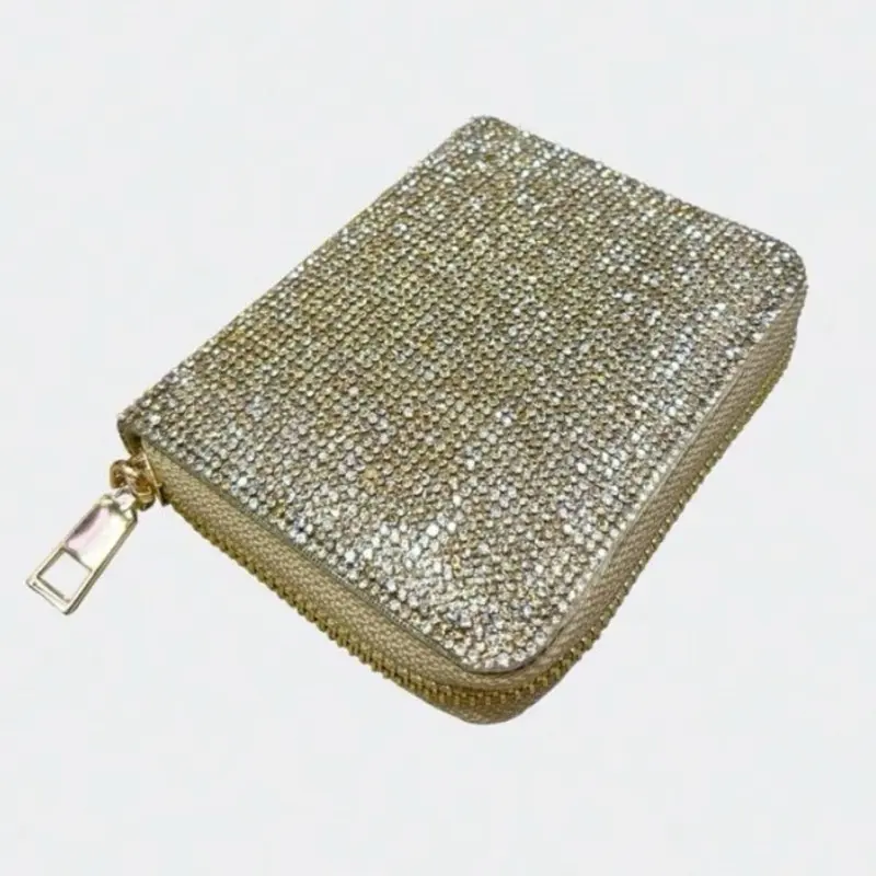 Rhinestoned PU Leather Short Wallet Purse with Crossbody Chain - Silver Color, Compact Design