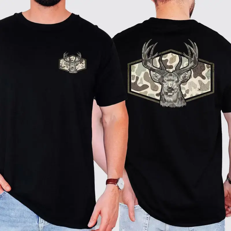 Men's Old School Deer-Hunt Style Camo Tees Short Sleeve T-Shirt - Menswear, Outdoor, Casual, Soft, Breathable Fabric, Unisex Sizes, Vibrant, Easy Wash Care, Father's Day Gift for Dad/Husband