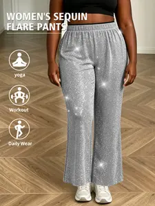 Plus Size Women's Silver Color Wide Leg Pants, High Waist Elastic Waist Shiny Wide Leg Pants, Party/music Festival