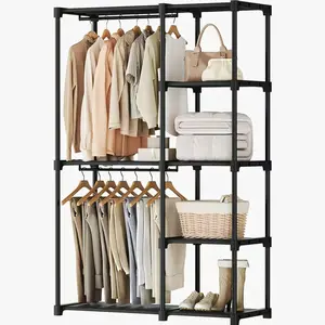 Portable Wardrobe Closet with Hanging Rods and Shelves, 44 Inch Heavy Duty Clothes Rack – Freestanding Closet Organizer with Anti-Tipping Kit, Tool-Free Assembly, Removable Dividers for Bedroom Laundry Room Office