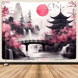 Japanese Anime tapestry, Cool Japan Cherry Blossom Floral Mountain Waterfall Sun Asian Oriental Abstract Ink Art tapestry, Black Pink Nature Landscape Tapestries for Living Room College Dorm,