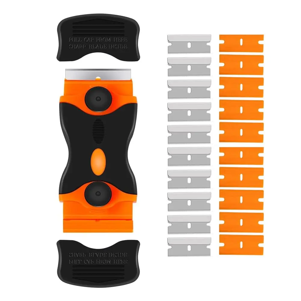 TOOLAZO 2-in-1 Heavy Duty 7.5-in Glass Cooktop & Surface Scraper Kit (8.5 oz) - 10 ABS Plastic, 10 304 Stainless Steel Blades, Non-Scratch Home Cleaning Tool, Secure ABS+TPR Handle, Wet/Oil Grip, Blade Switch, 304 Steel Cuts Tough Paint & Grout