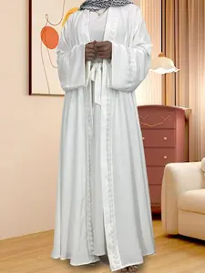 Women's Solid Lace Modesty Abaya, Casual Comfortable Breathable Long Sleeve Open Front Loungewear Dress for Daily Wear, Ladies Sleepwear for All Seasons