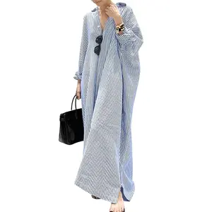 CHARTOU Women's Loose Striped Shirt Dress Casual Long Sleeve Dress Cotton Long Skirt