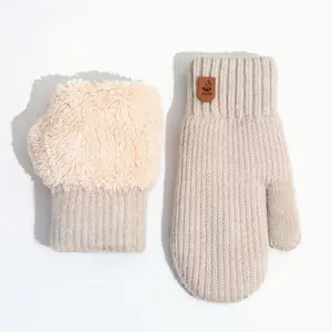 Winter Warm Fleece Lined Gloves, Cute Plush Puffy Full Finger Knit Gloves, Thick Double Layer Cold Protection, Outdoor Solid Color Striped Gloves