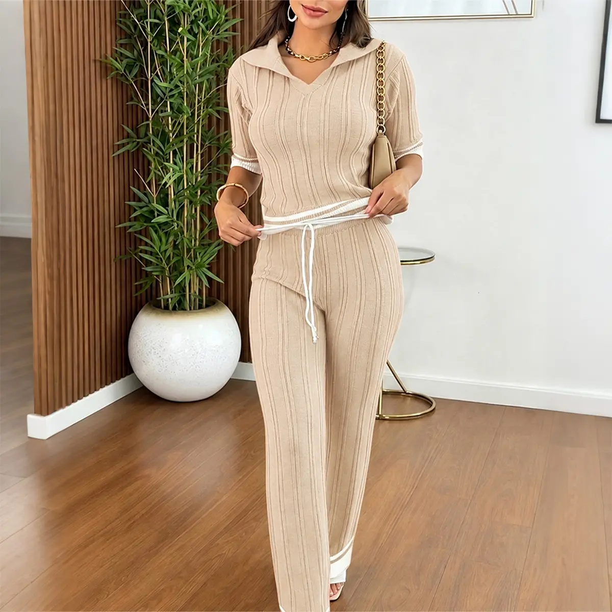 CHICME Women's  2 Piece Outfit Contrast Binding Knit Short Sleeve Top and Drawstring Straight Leg Pants Casual Loungewear