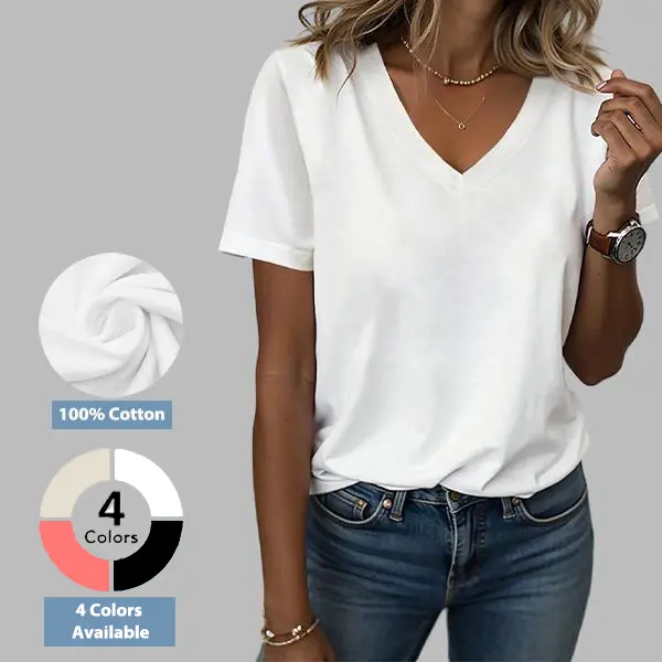 Flamingals Solid V Neck Short Sleeve 100% Cotton T Shirt