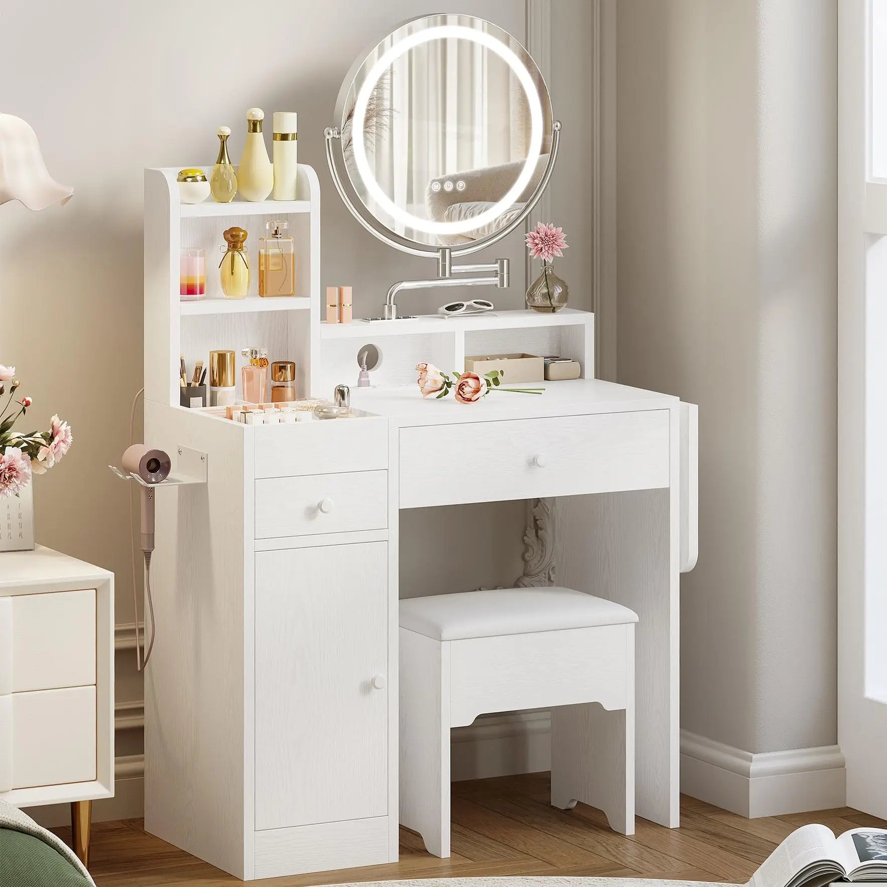 IRONCK Modern Vanity Desk Furniture - Glam Dream Vanity with LED Color-Adjustable Lights, Power Outlet, 6-Slot Compartments, 360-Degree Rotatable Mirror, Storage Stool, Drop Leaf, Multi-Drawer, Moveable Design (Great Gift Option)