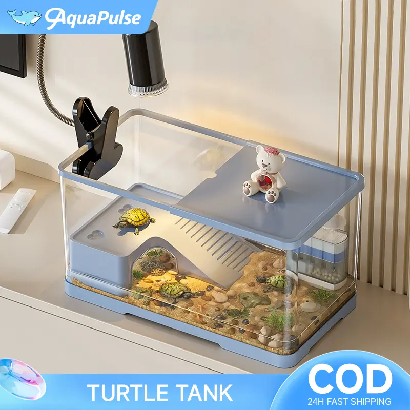 Turtle Aquarium Tank Aquarium Kura Kecil Tortoise Vivarium Sangkar 2 Sizes For Choose Habitat & Accessories