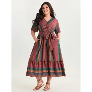 BLOOMCHIC Women's Plus Size Bohemian Smooth Nylon Fabric Maxi Dress - Short Sleeve/Regular Sleeve, Multicolor Striped Print, Waist-Tie, Button-Accented, Pocket, Summer Casual Swimweek Style