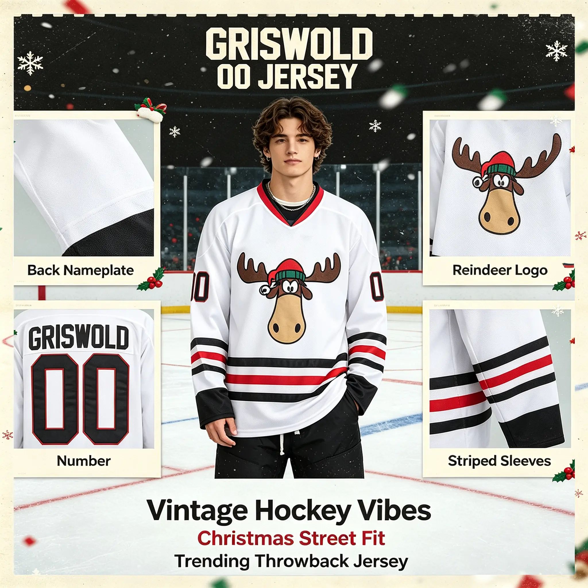 Men's Hockey Jersey #00 Christmas Vacation MartyFall SaleMoose Griswold deer head Sewing embroidery large size V-neck Outdoor sportswear sweatshirt white black winter sports top vintage style Movie jersey Halloween Christmas gift Fan Jersey S-3XL
