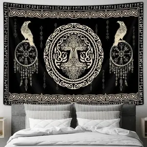 Viking Norse mythology tapestry, black and white life tree, birds with wisdom and Celtic symbols, medieval-style bedroom wall hanging, indoor polymer fabric decoration