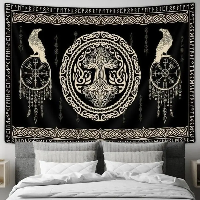 Viking Norse Mythology Tapestry - Black and White World Tree, Wise Birds, Celtic Symbols, Medieval-Style Wall Decor, Abrasion-Resistant Polymer Fabric Home Aesthetic, Multi-Size 30*40 inches Bedroom Wall Hanging