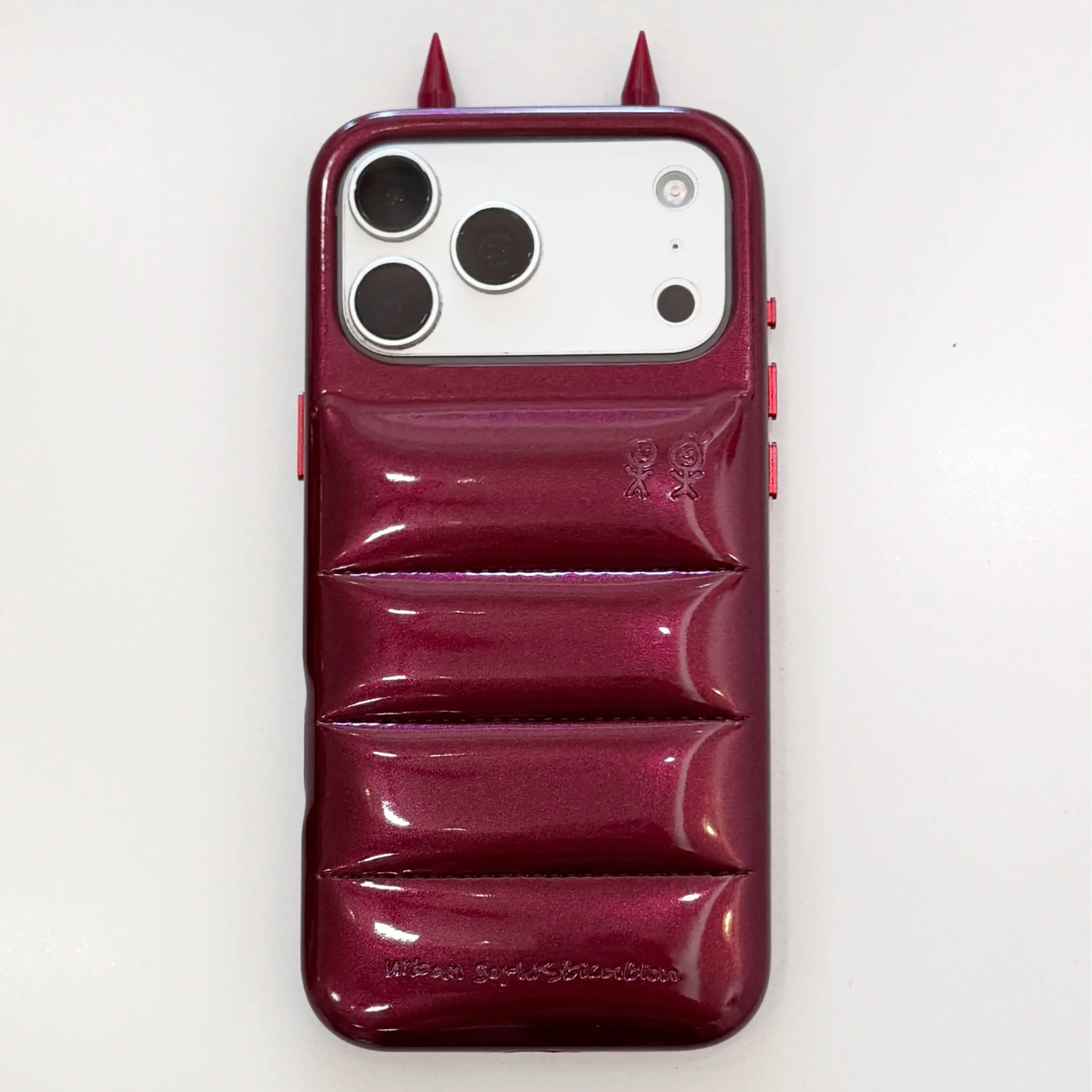 Devil Horn Puffer Quilted iPhone Case - Glossy Finish Padded Shell Protect Cover, Shockproof Protective Case for iPhone 16, 17 Pro Max
