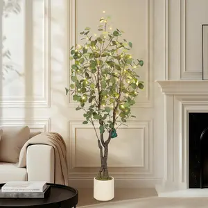 5ft Tall Multi-Branched LED-Lit Decorative Eucalyptus Tree - Dense Foliage, Lifelike Look, Fake Silk Floor Plant with 50 Lights, White Plastic Pot, Indoor Artificial Trees for Home Decor, Lifelike Artificial Trees