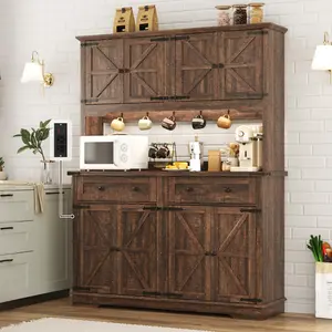 55" Farmhouse Storage Cabinet with Hutch 71" Tall Kitchen Storage Cabinet with Power Outlet Adjustable Shelves and Drawers