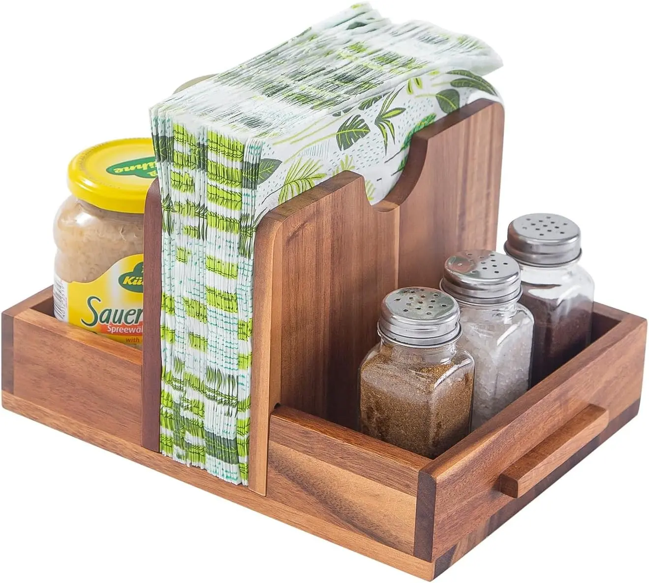 Farmhouse Decorative Lightweight Wooden Napkin Holder with Salt and Pepper Shakers Organiser, Standing Dispenser for Kitchen & Dining Room Table Decor, Indoor & Outdoor Use